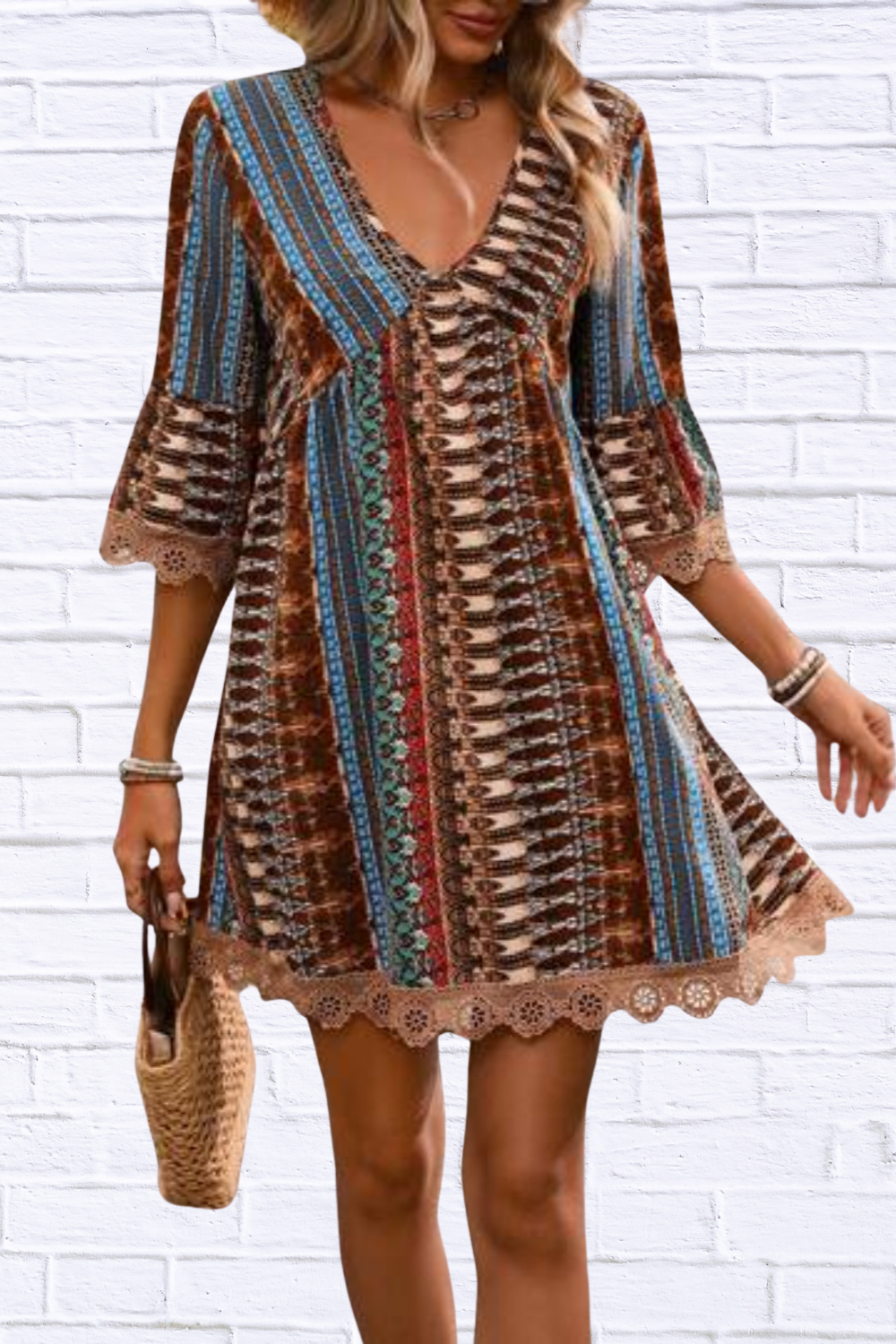 Lace Trim Printed V-Neck 3/4 Sleeve Dress