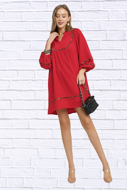 Umgee Textured Babydoll Dress with Leopard Trim