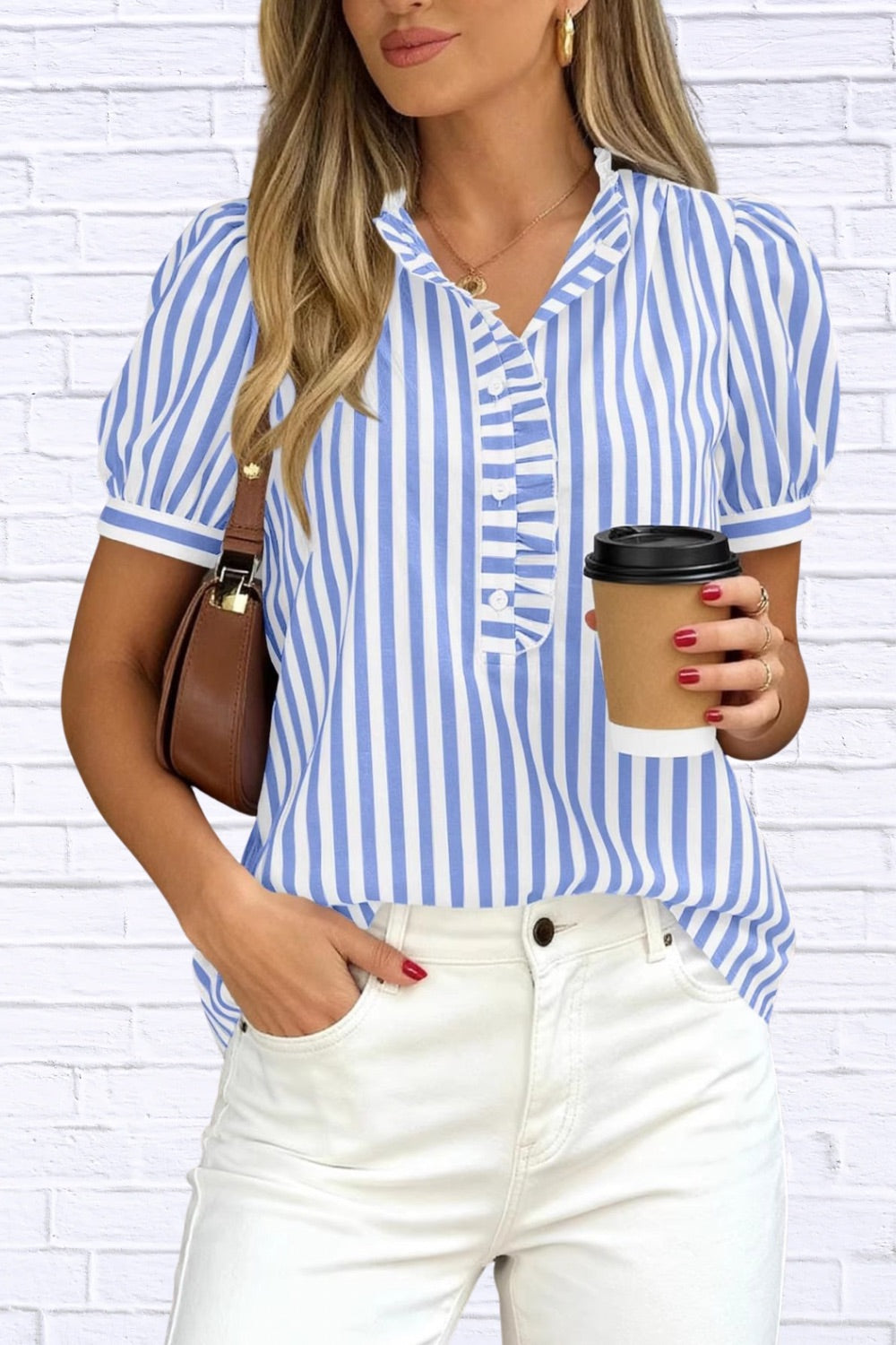 Frill Striped Puff Sleeve Blouse | Chic Women’s Top