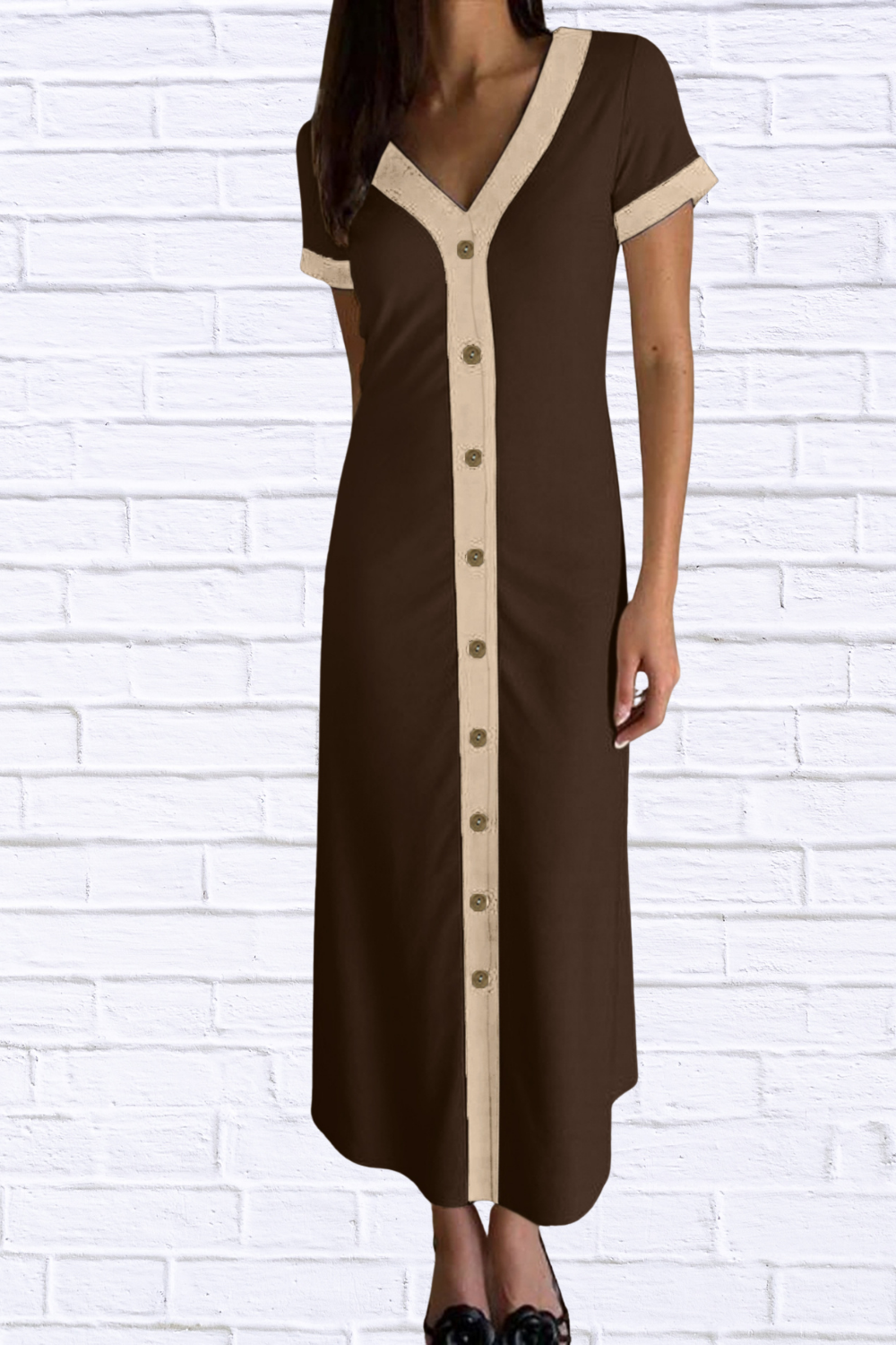 Button-Front Contrast Trim Midi Dress