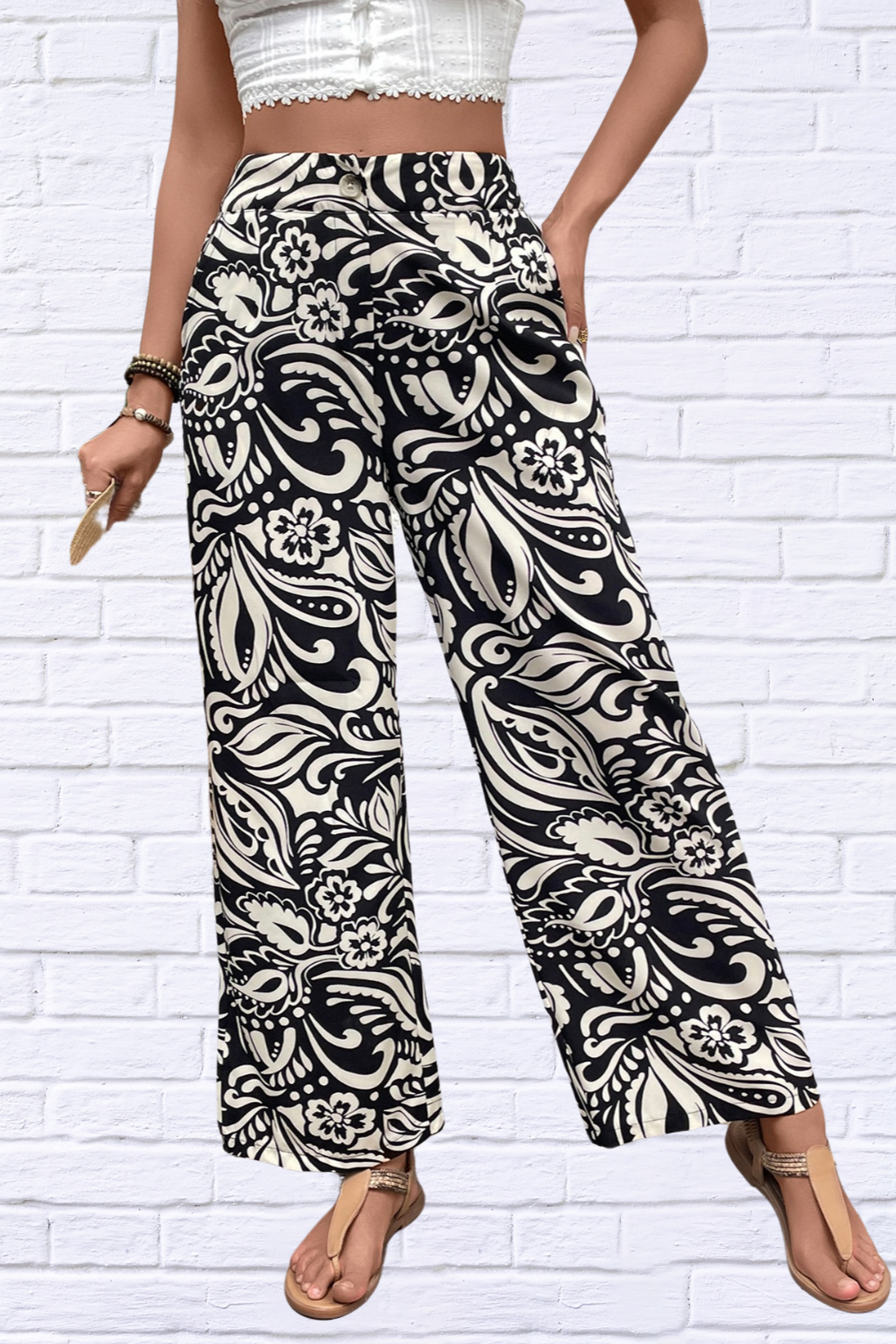 Printed Foliage Black and White  Wide Leg Pants
