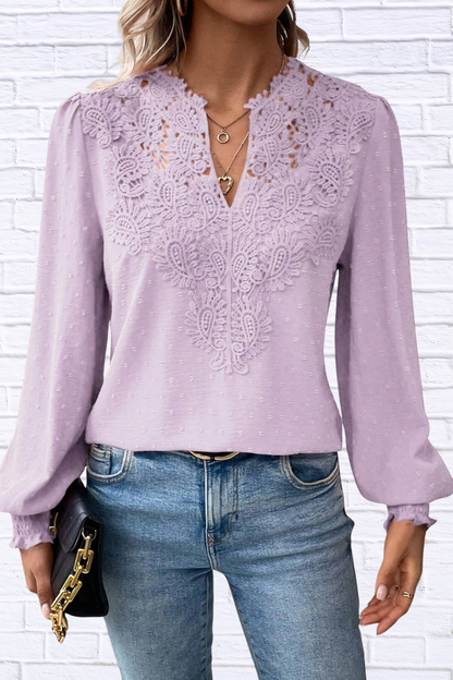Swiss Dot Lace Detail Long Sleeve Blouse