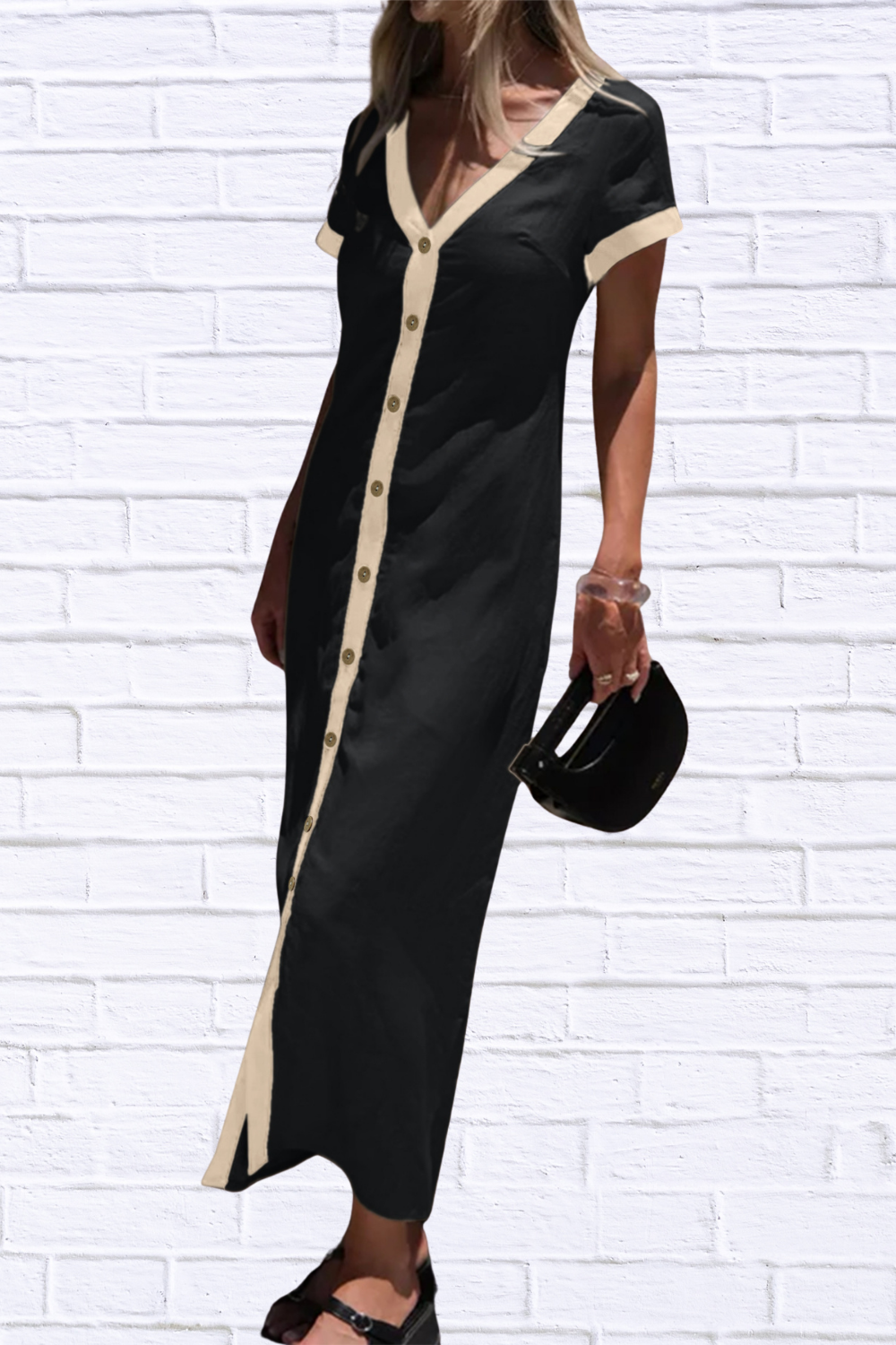 Button-Front Contrast Trim Midi Dress