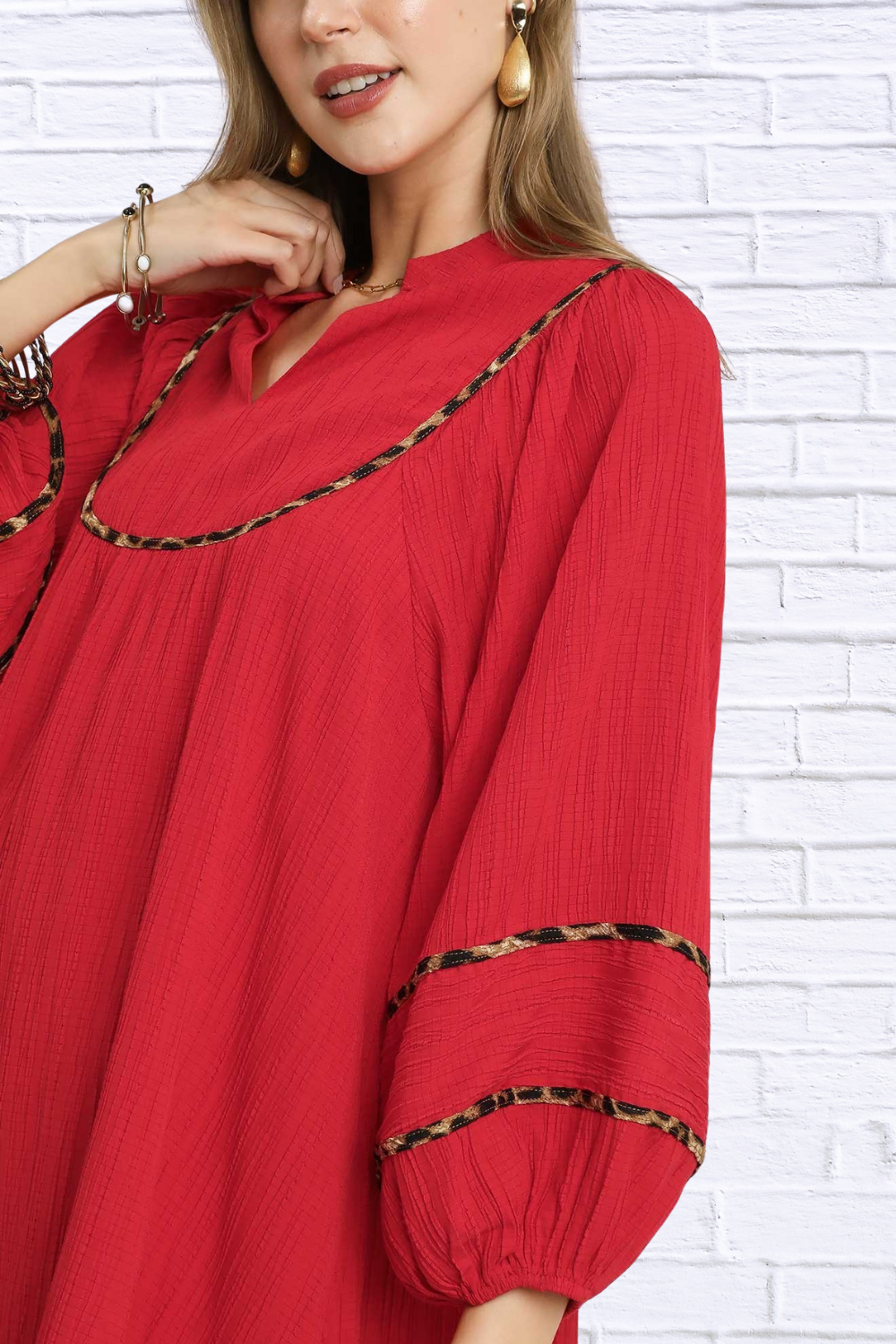 Umgee Textured Babydoll Dress with Leopard Trim