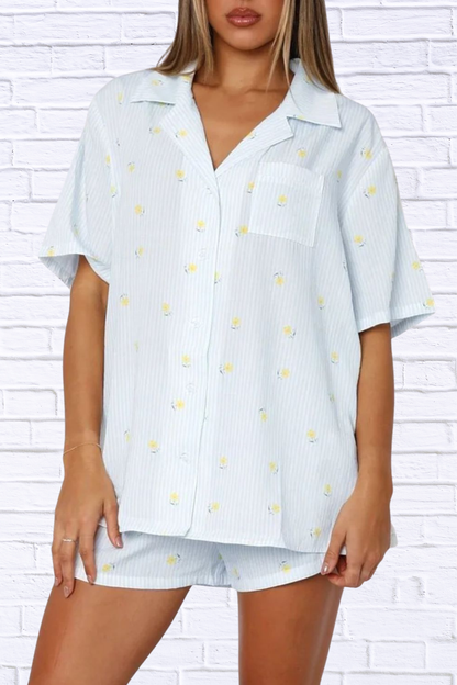 Valentine's Day Printed Collared Neck Short Sleeve Top and Shorts Set