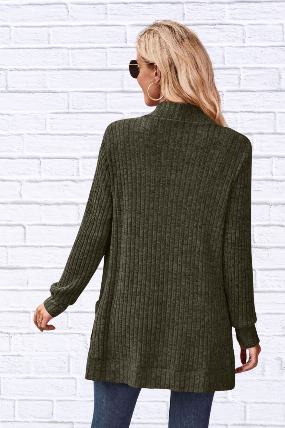Ribbed Open Front Long Cardigan with Pockets