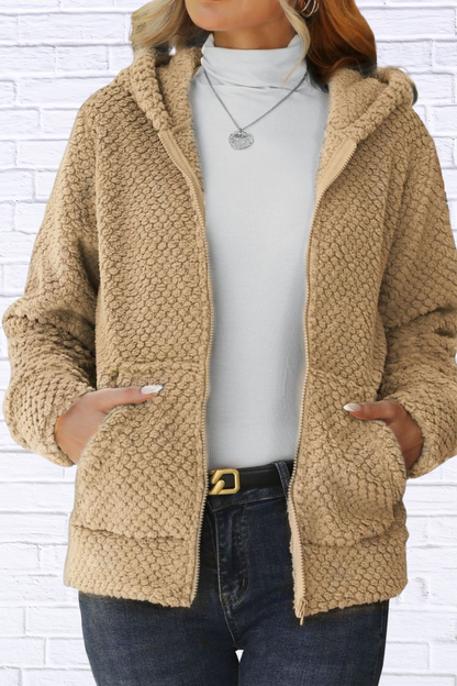 Textured Knit Zip-Up Hooded Outerwear