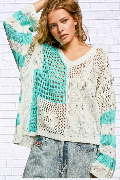 Color-Blocked Stripe Pattern Knit Top with Twisted Weave
