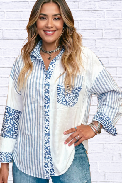 Patchwork Button Down Shirt with Leopard Print Details