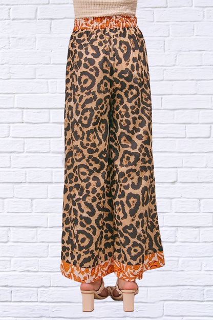 Leopard Print With Contrast Banded Wide Pants