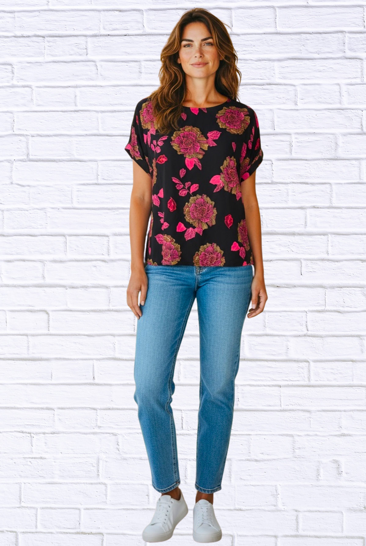 🌸 Black & Pink Floral Print Short Sleeve Blouse