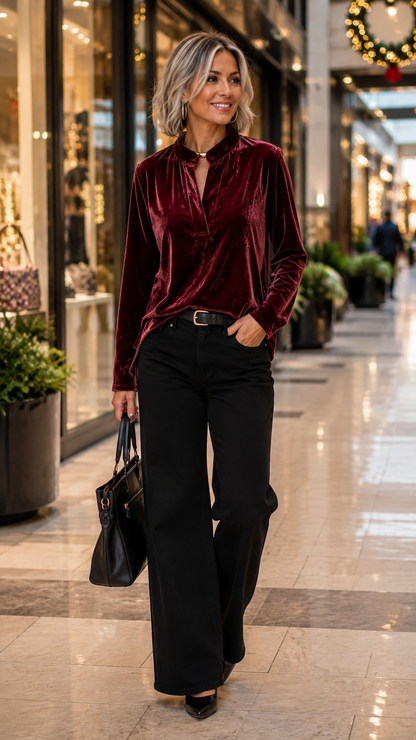 Plus Size Velvet Notched Long Sleeve Blouse