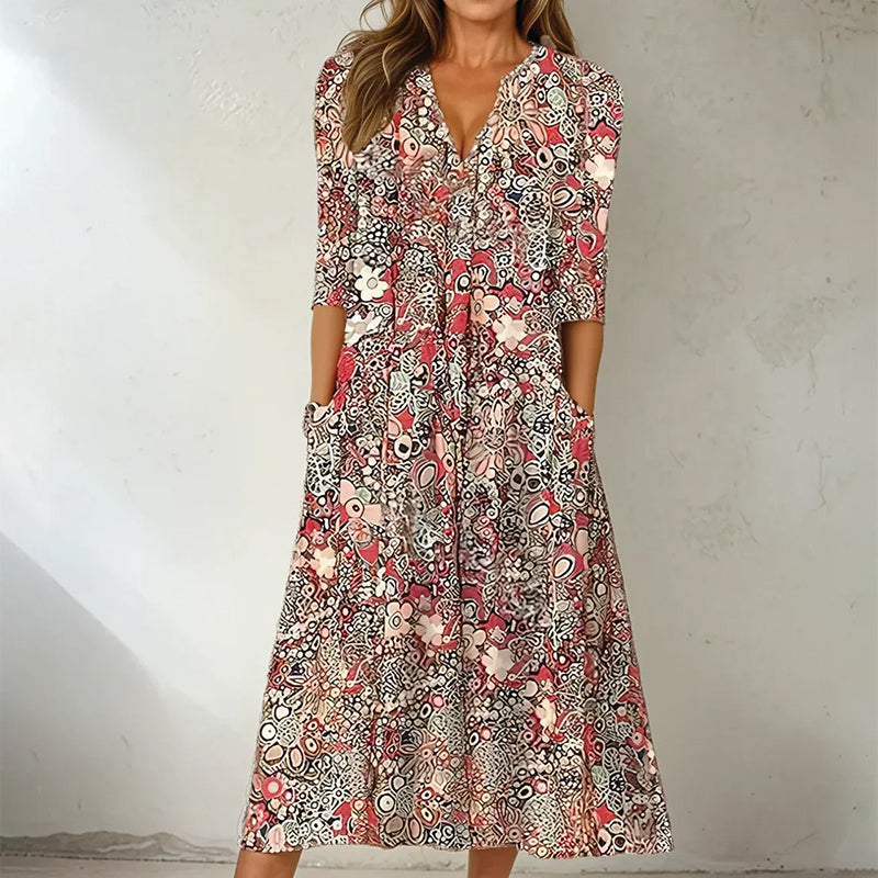 Elise Leroy Printed V-Neck Midi Dress