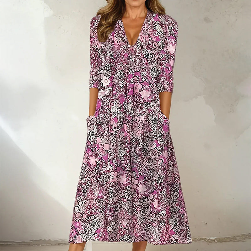 Elise Leroy Printed V-Neck Midi Dress