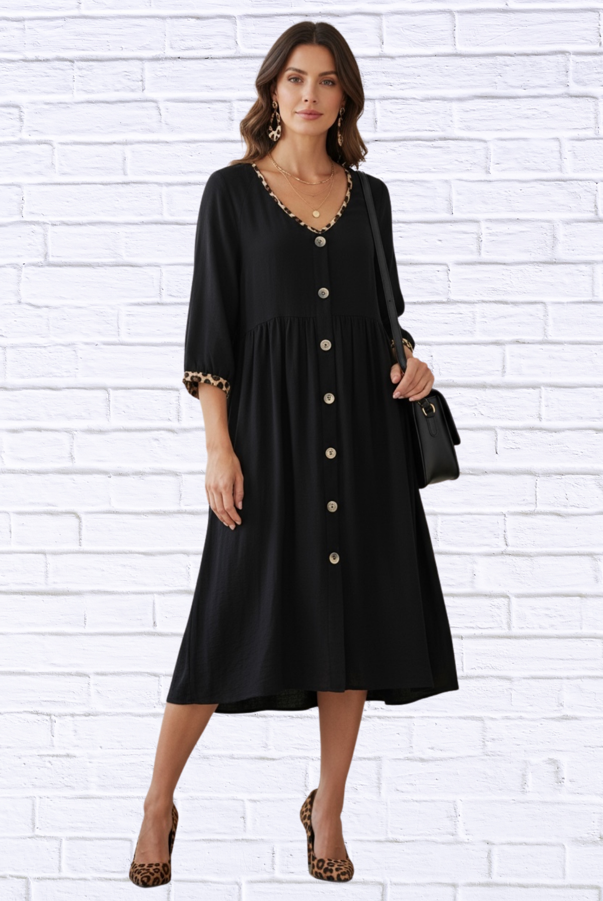 Umgee Black Baby Doll Dress – V-Neck Button-Down with Leopard Trim Detail