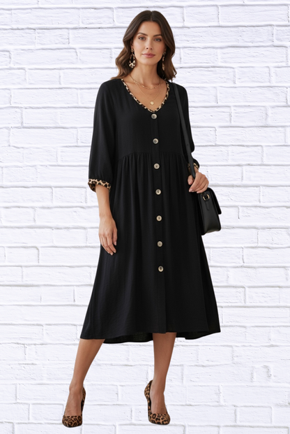 Umgee Black Baby Doll Dress – V-Neck Button-Down with Leopard Trim Detail