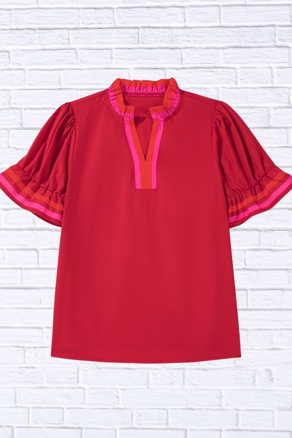 Ruffled Sleeve Notched Blouse with Striped Detail for Women