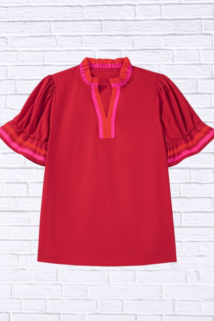 Ruffled Sleeve Notched Blouse with Striped Detail for Women