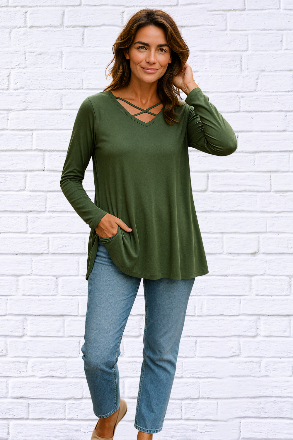 Olive Solid  Long Sleeve Top with Criss Cross Front