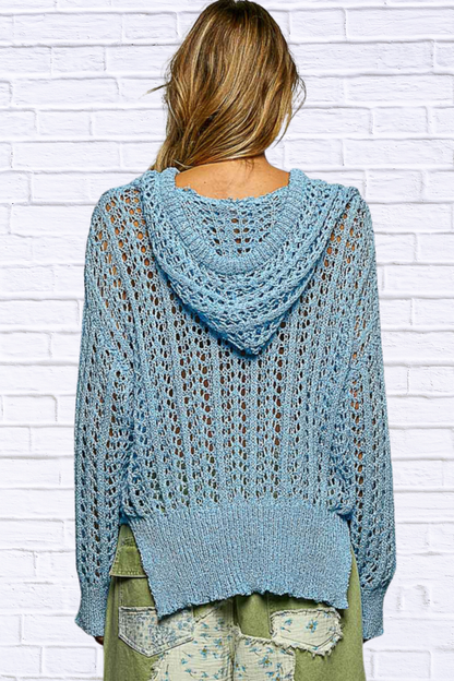 POL Openwork Round Neck High Low Knit Top