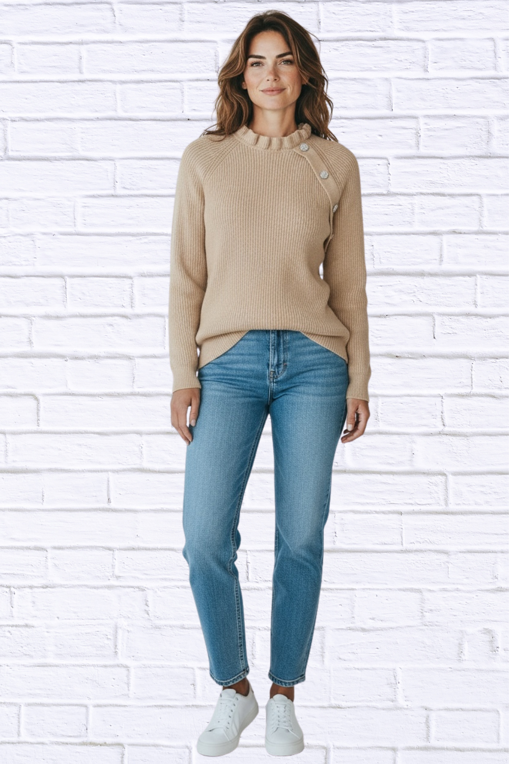 Beige Solid Loose Knit Button Sweater