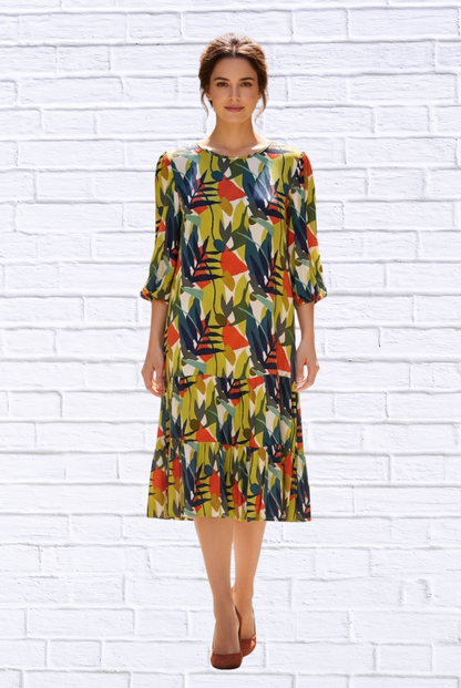 Women’s Abstract Leaf Print Woven Midi Dress – 3/4 Sleeve Tiered Hem Casual Chic Dres
