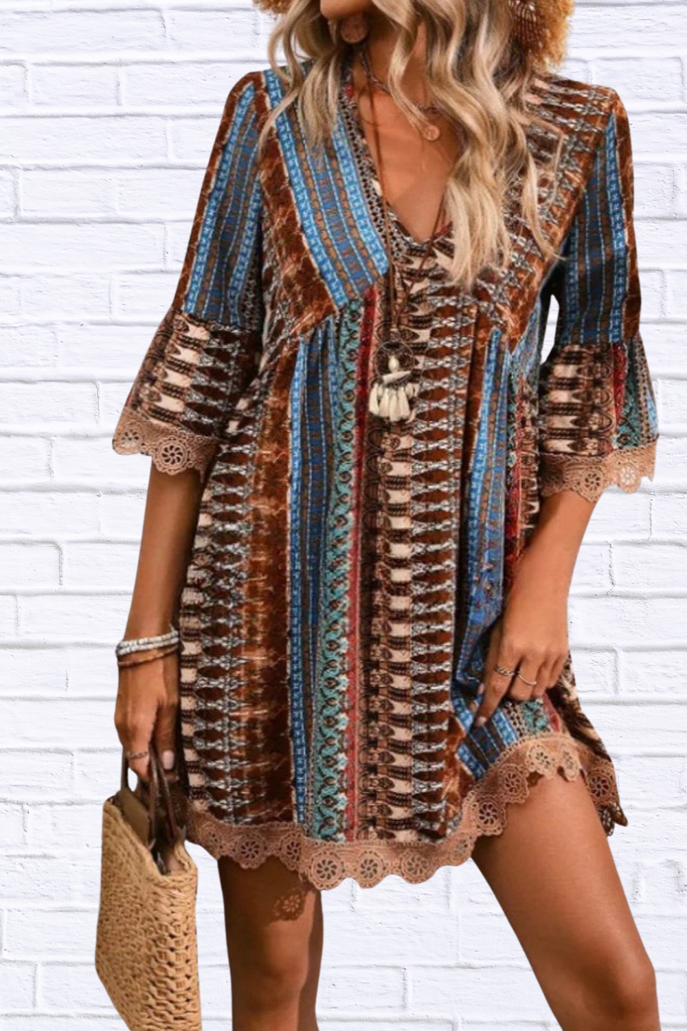 Lace Trim Printed V-Neck 3/4 Sleeve Dress