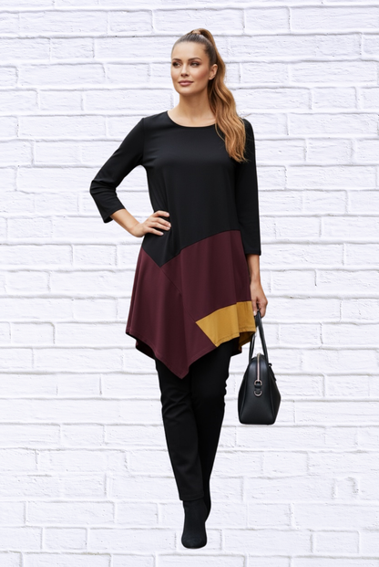 Color Block Asymmetrical Hem Knit Tunic Top – Long Sleeve Soft Stretch Blouse
