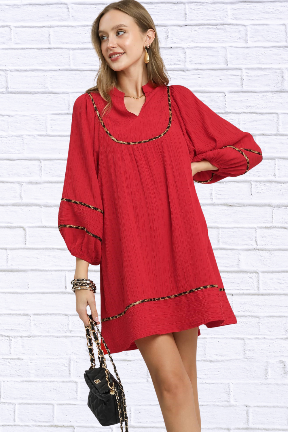 Umgee Textured Babydoll Dress with Leopard Trim