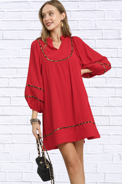Umgee Textured Babydoll Dress with Leopard Trim