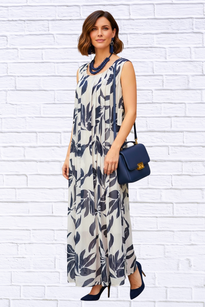 Chiffon Pleated Front Maxi Dress – Sleeveless Lined Elegant Flowing Dress