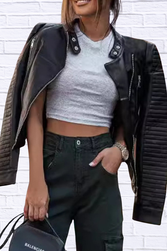 Quilted Sleeve Leather Moto Jacket