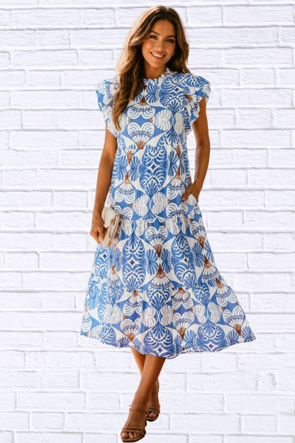 Tropical Botanic Print Flutter Sleeve Vacation Dress for Women