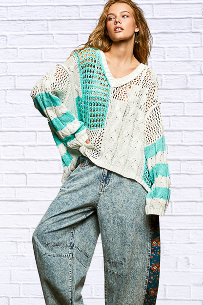 Color-Blocked Stripe Pattern Knit Top with Twisted Weave