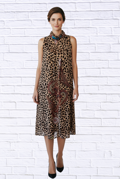 Animal and Paisley Print Sleeveless Maxi Dress – High Neck Bow Detail Flowy Woven Dress