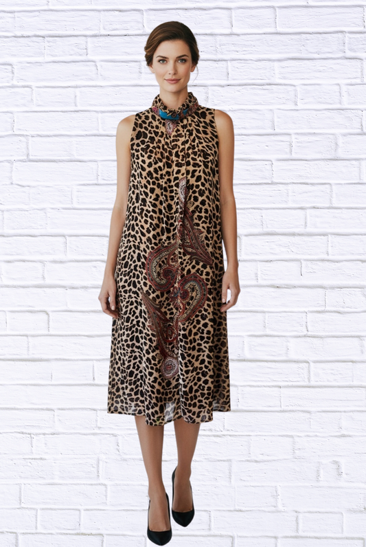 Animal and Paisley Print Sleeveless Maxi Dress – High Neck Bow Detail Flowy Woven Dress