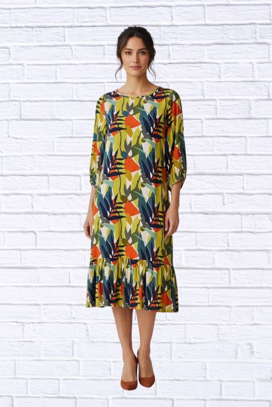 Women’s Abstract Leaf Print Woven Midi Dress – 3/4 Sleeve Tiered Hem Casual Chic Dres