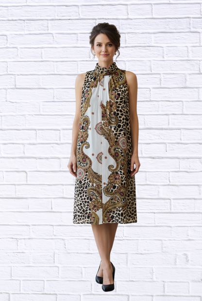 Animal and Paisley Print Sleeveless Maxi Dress – High Neck Bow Detail Flowy Woven Dress
