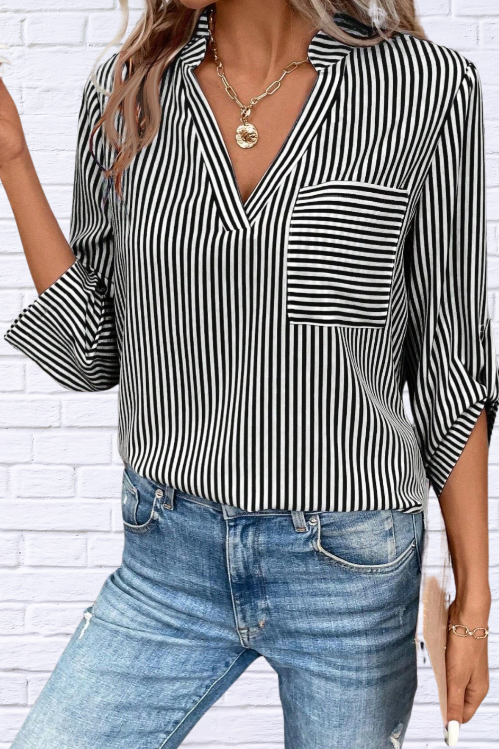 Striped Notched Roll-Tab Sleeve Shirt