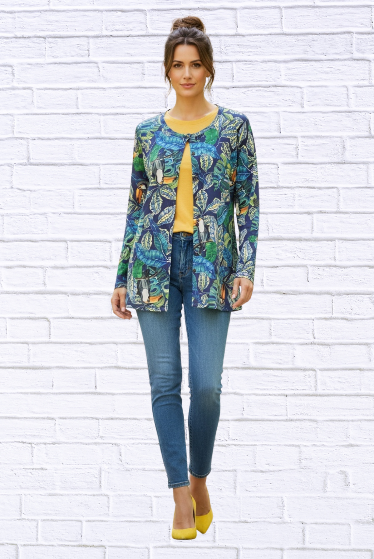 Tropical Print Button-Through Knit Cardi Top – Round Neck Lightweight Layering Piece