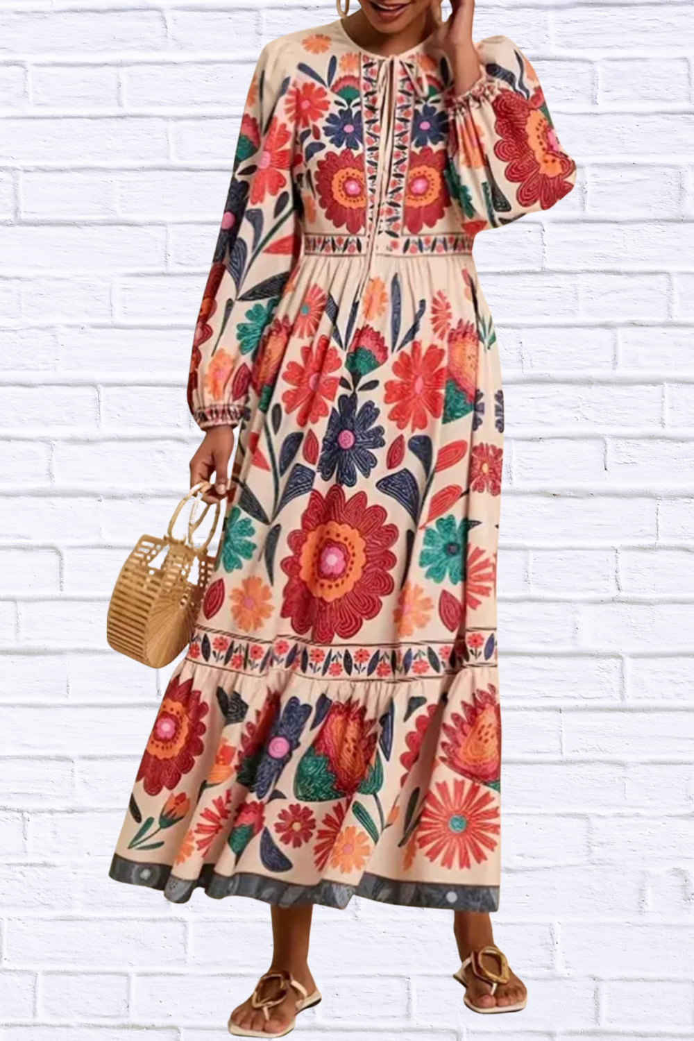 Floral Tie Waist Long Sleeve Dress