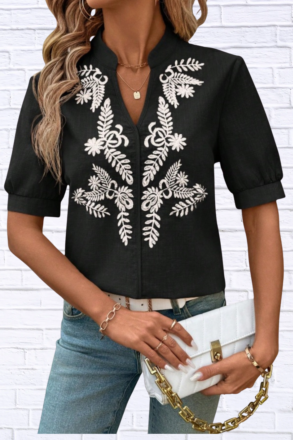Embroidered Notched Neck Blouse for Women | Black Short Sleeve Floral