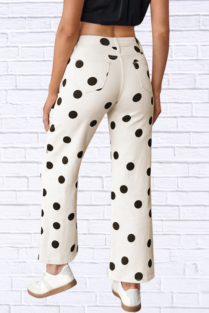 Black and White Polka Dot Wide Leg Pants with Front Pockets