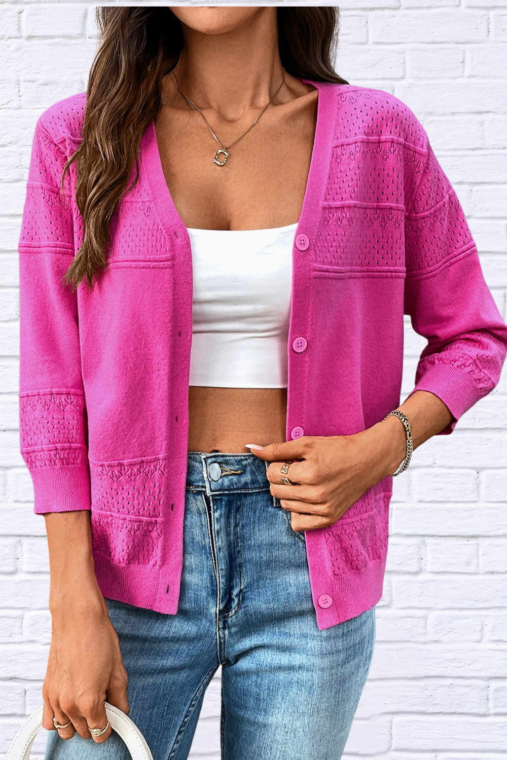 Textured Button-Front Cardigan with 3/4 Sleeves