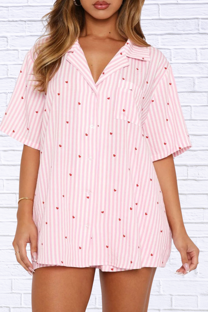 Valentine's Day Printed Collared Neck Short Sleeve Top and Shorts Set