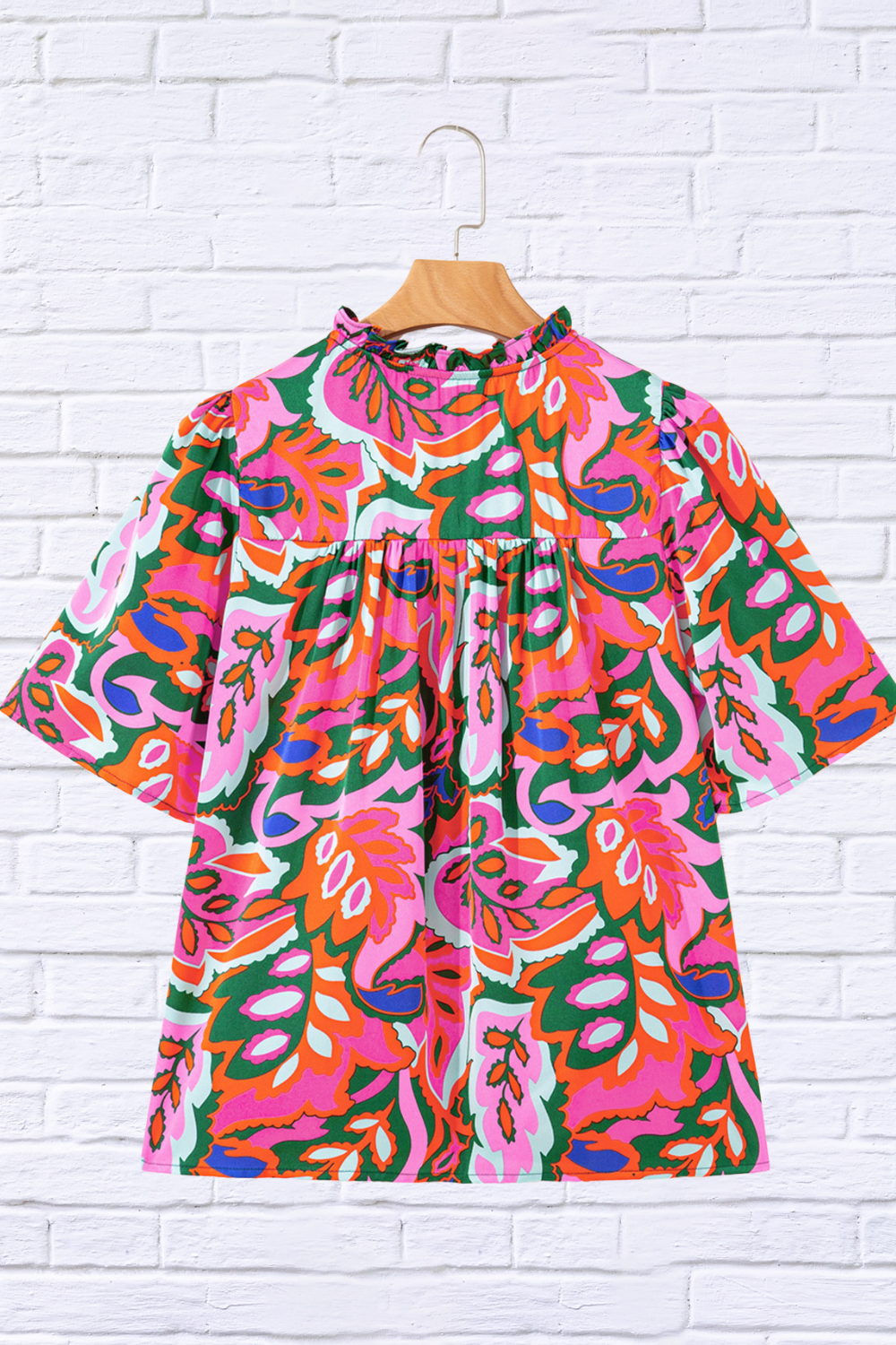 Tropical Print Short Sleeve Tie Neck Blouse – Multicolor