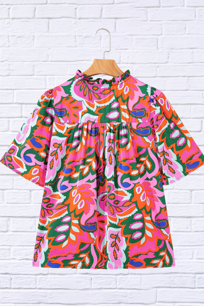 Tropical Print Short Sleeve Tie Neck Blouse – Multicolor