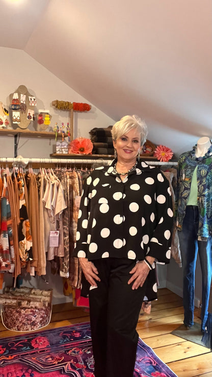 Polka Dot Perfection: Collared Button-Through Blouse with High-Low Hem