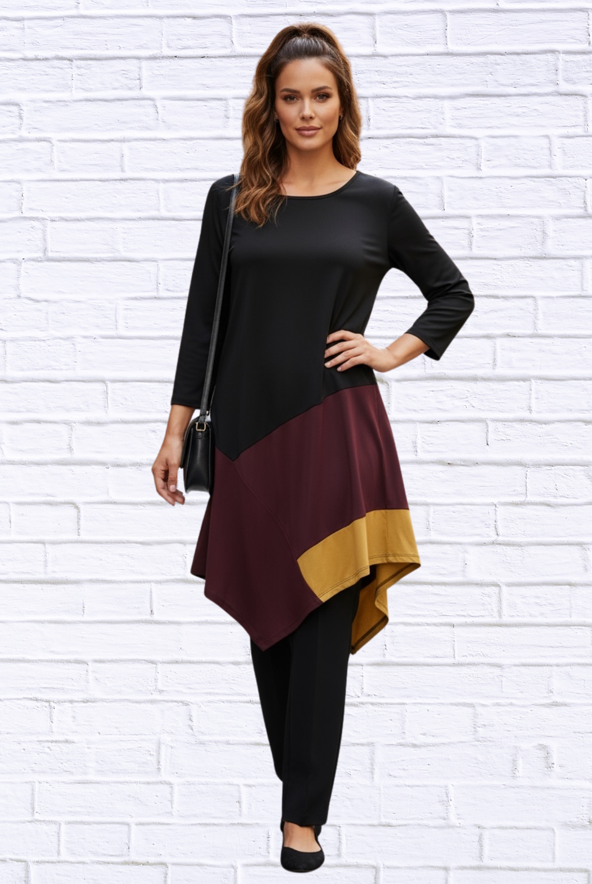 Color Block Asymmetrical Hem Knit Tunic Top – Long Sleeve Soft Stretch Blouse