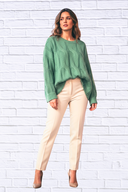 Round Neck Cable Knit Sweater – Women’s Cozy Textured Knit Pullover for Effortless Everyday Style